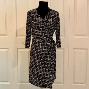 Lauren Ralph Lauren Black White Geo Print Jersey Faux Wrap Dress Size 12